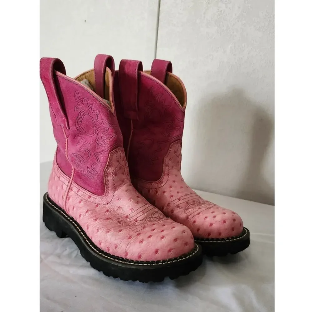 Ariat Fatbaby Pink Ostrich Print Leather Hot Pink Suede Western Boots 6 B